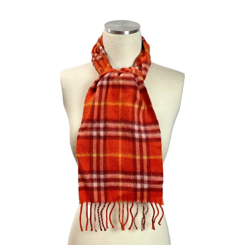 Burberry London Cashmere Orange Plaid Print laid Scarf Made in England